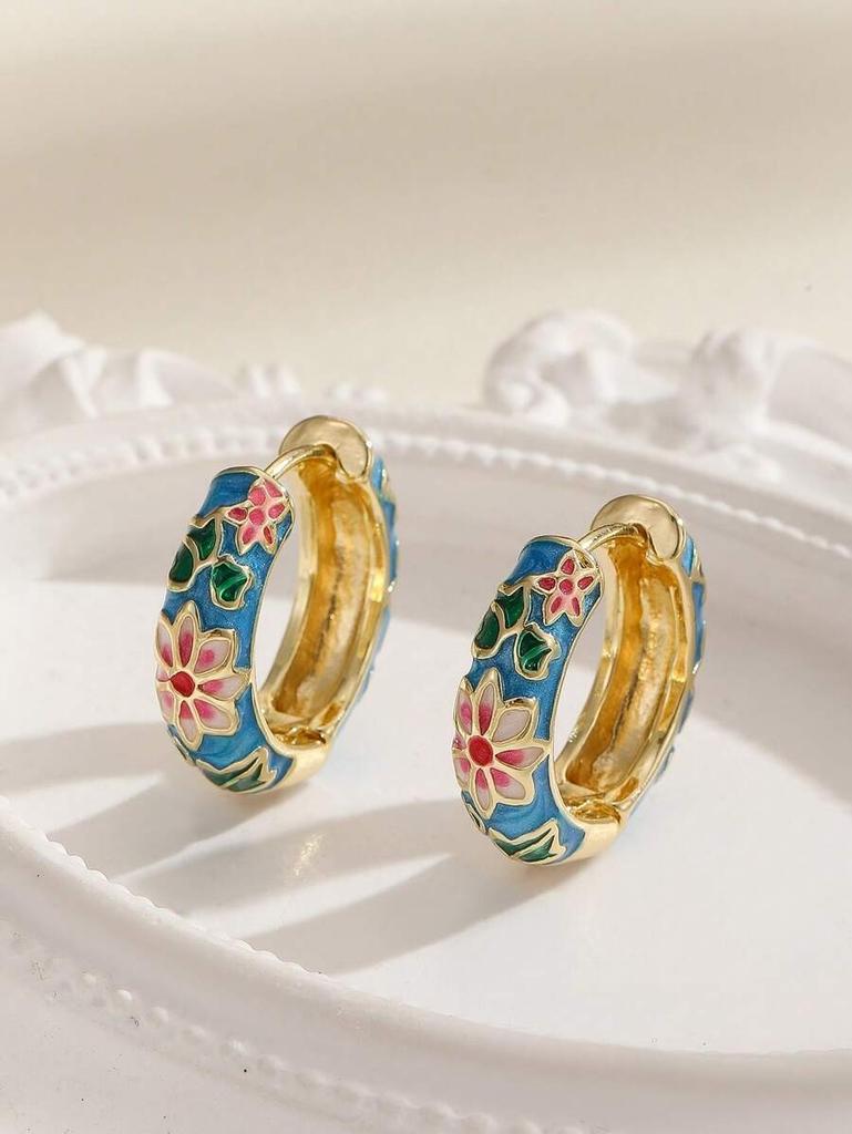 Bohemian Enamel Floral Hoop Earrings Intricate Hand Painted Flower Patterns Multiple Color Options Women's Party Daily Fashion
