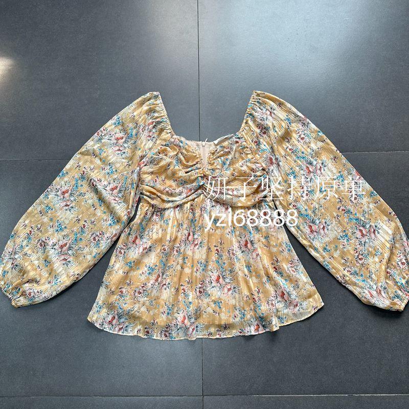 

Export Single High Saturation Square-Cut Collar Waist-Tight Chiffon Holiday Flowers Fresh Elegant Chiffon Tops White Apricot Floral Tops XS