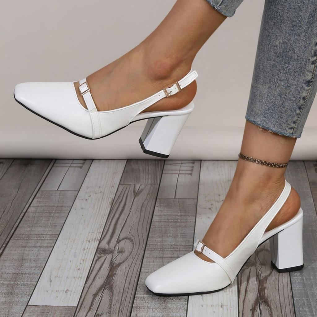Women Sandals Retro Sling Back Pumps Women Vintage Square Toe High Heel Shoes Elegant Metal Decoration Dress Party Sandals Women