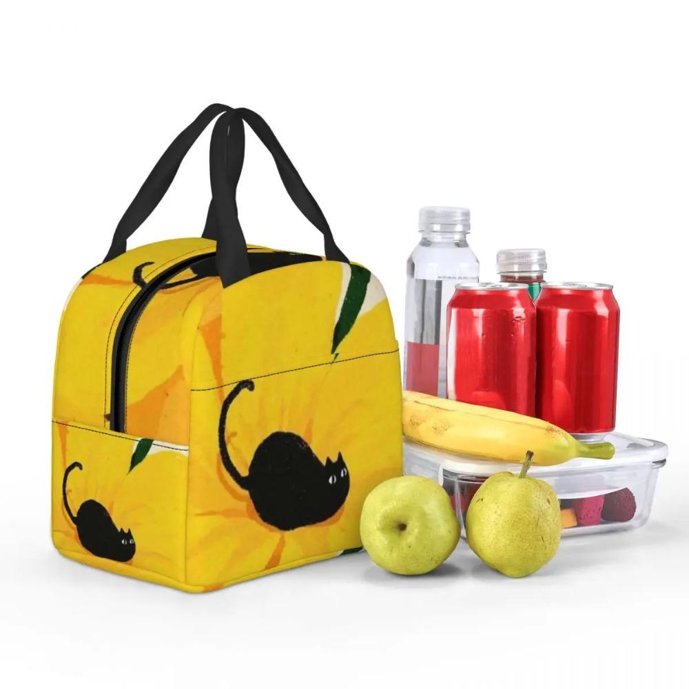Black Cat With Flowers On Yellow Background Insulated Lunch Bag Cooler Thermal Food Box Tote Leakproof Lunch Boxes Container