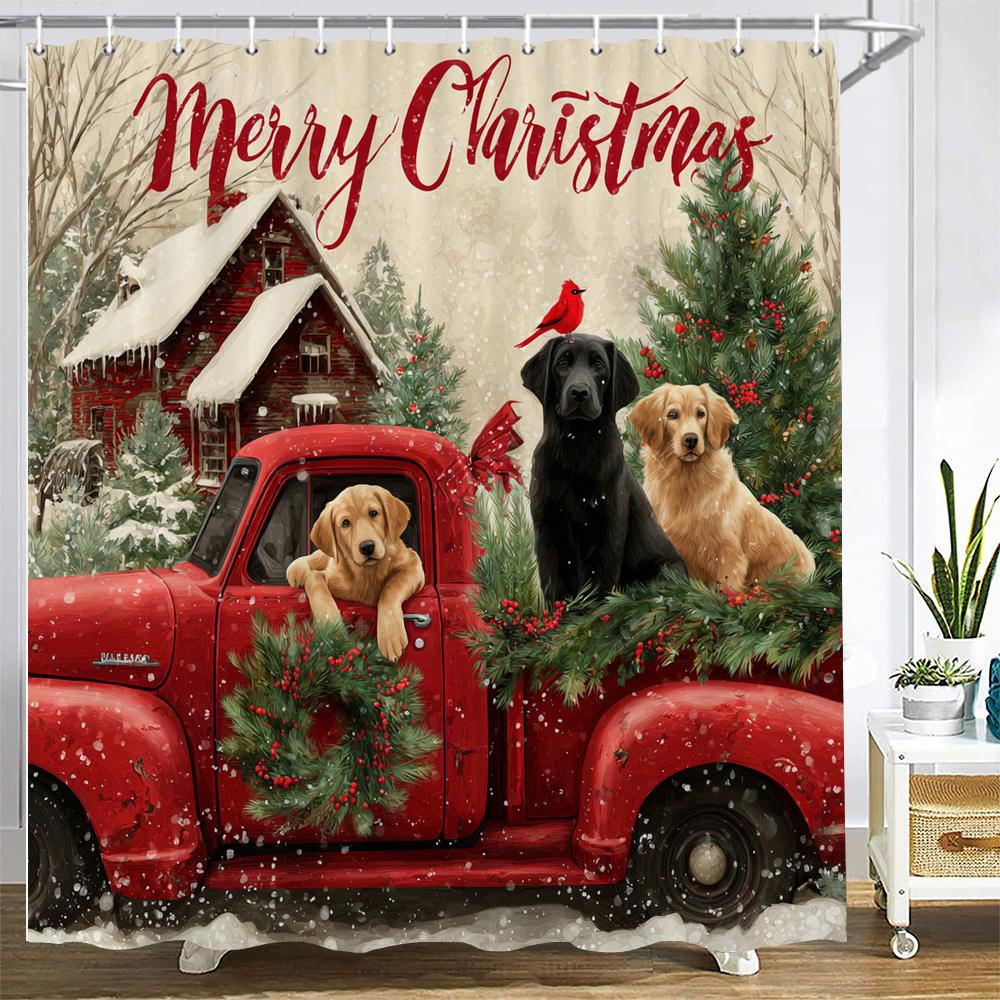 Merry Christmas Shower Curtain Christmas cat and dog Santa Claus Shower Curtains Xmas Printed fabric Decor Bathroom Curtain