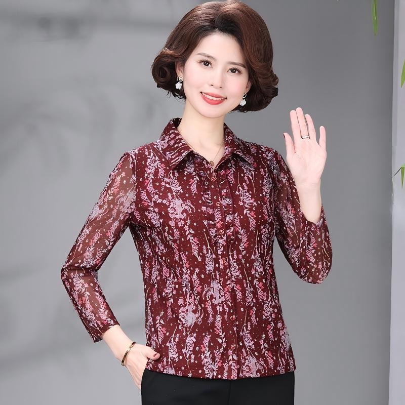 

Elastic Mesh Slim-Fit Long Sleeve Top for Middle-Aged and Elderly Women - Spring/Fall Fashion L