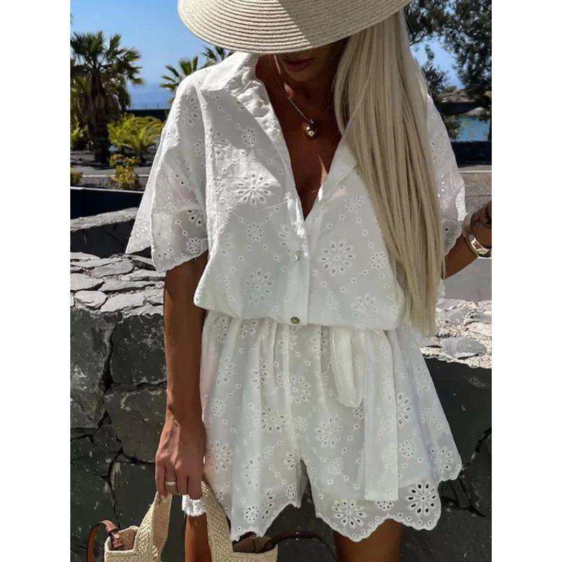 Embroidered Lace Shirt Romper Fashion Embroider Lace Shirt Jumpsuit Suit