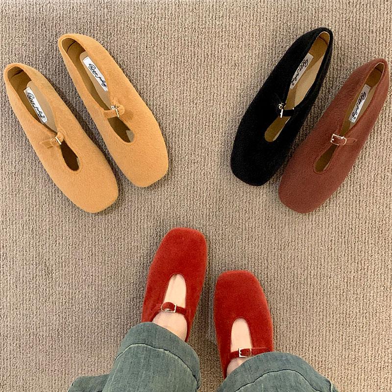 Fashion Buckle Fashion Flock Ladies Mary Janes Flats Shoes Female Square Toe Footwear Shallow Women Flats Slip On Shoes Lady