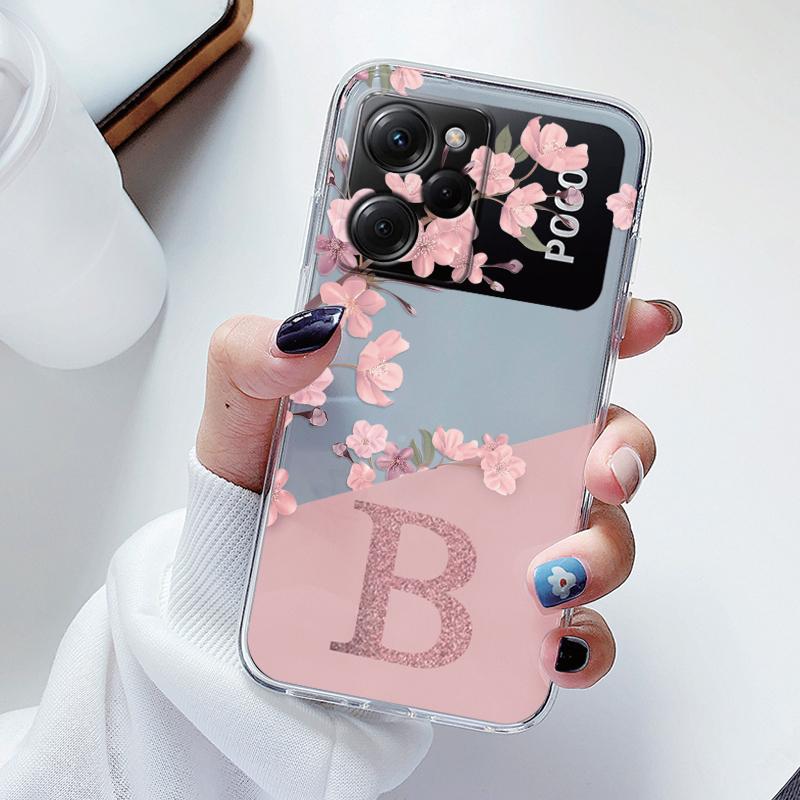 Clear Initial Letter Phone Case For POCO X5 X 5 Pro 5G Shockproof Protector Flowers Cover For Xiaomi POCOX5 X5Pro Coque Soft TPU