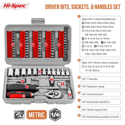 Hi-Spec 69-Piece Socket Wrench Compact DIY Tool Set with Box Case for Home & Garage Use, Includes Driver Bits, 1/4" Metric Sockets, and Wrench Handle