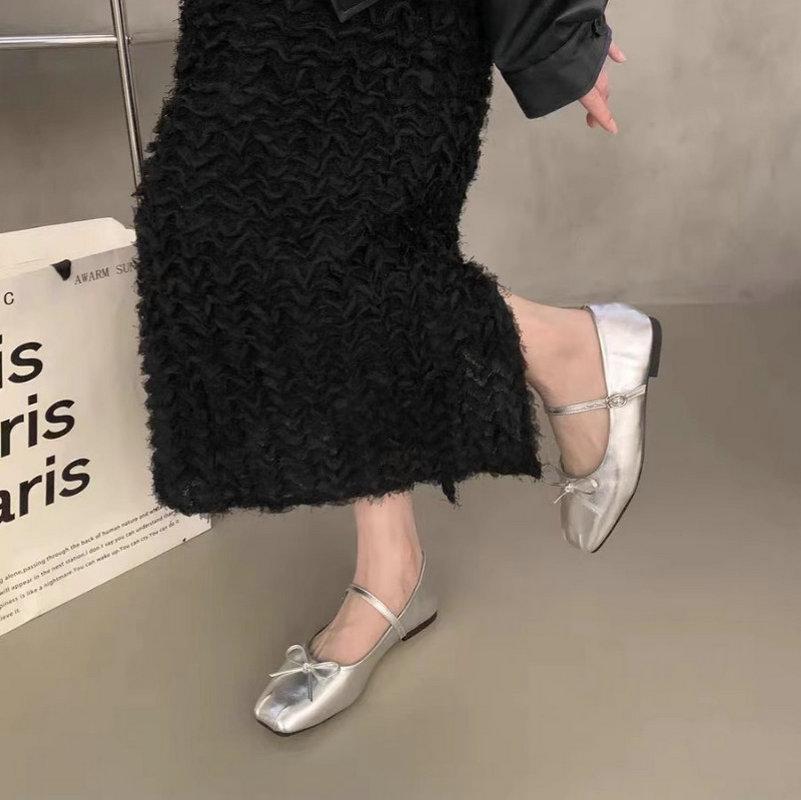 Fashion Flat Shoes for Women Spring Autumn 2024 Mary Jane Shoes New Square Toe Black Bow Loafers Women  Ladies Shoes Large Size 43 44