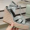 Fashion Cross Straps Open Toe Wedges Women Sandals Solid Color Open Toe Real Patent Leather Espadrilles Shoes Newest Summer 14cm Heels