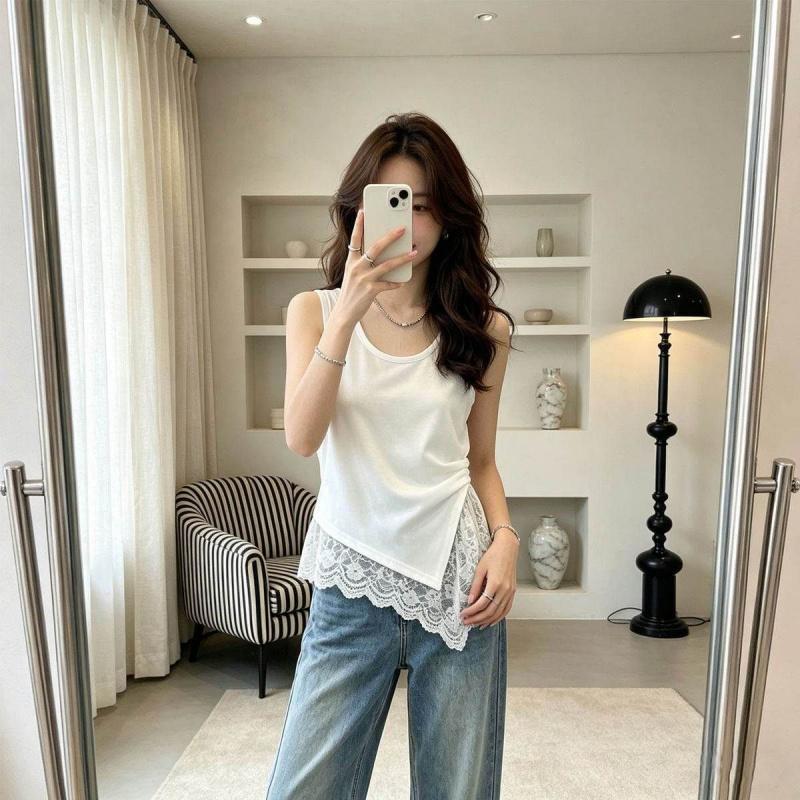 New Summer Women's Clothing with Irregular Design Lace French Sleeveless Tank Top T-Shirt