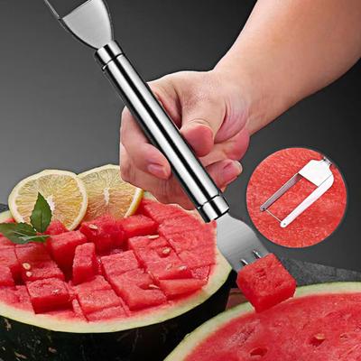 Wassermelonenschneider Edelstahl 2-in-1 Obstgabel Schneidwerkzeug Doppelkopf Fruchtschneider Tragbarer Wassermelonenschneider Küchen-Fruchtschneidemaschine