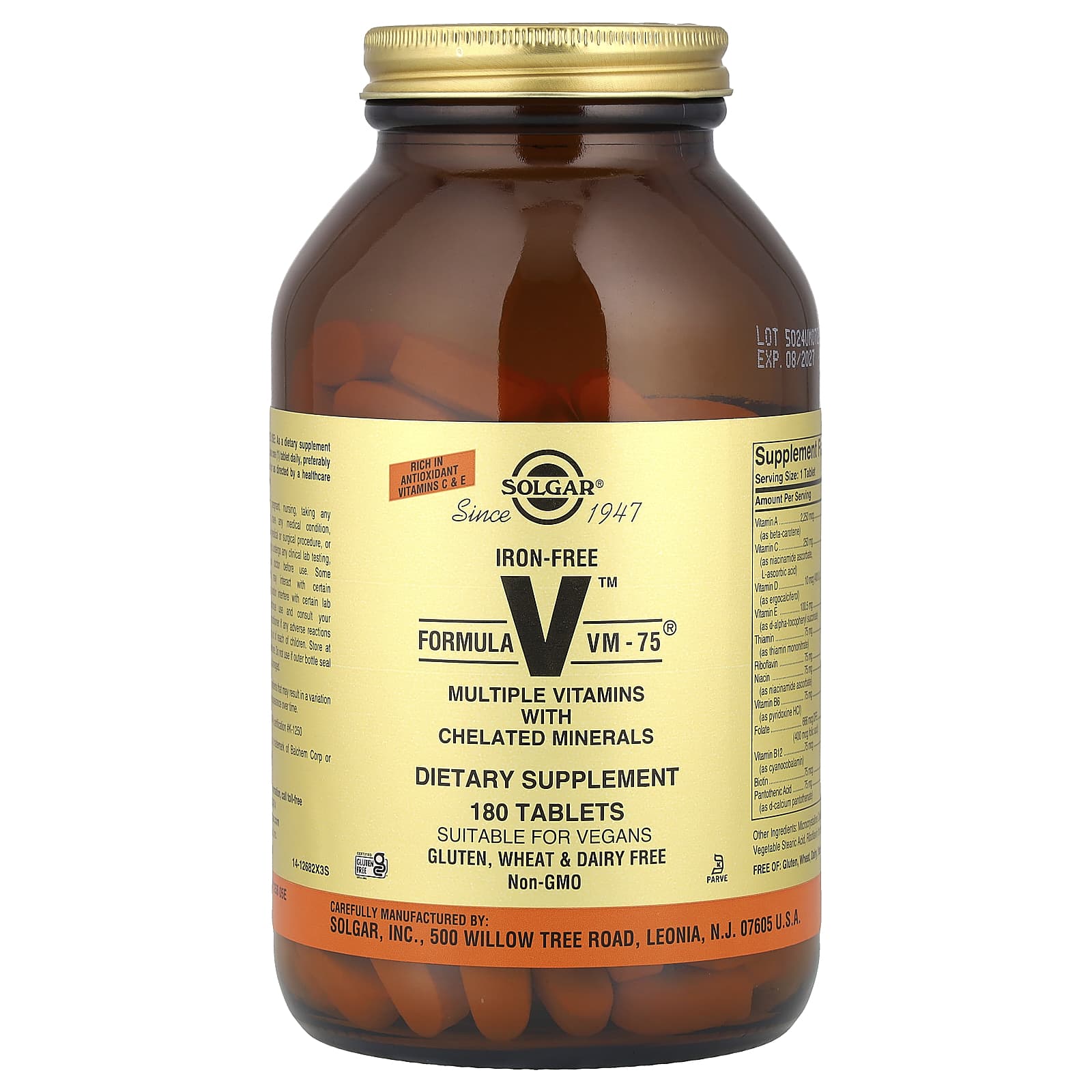 

Formula V, Vm-75, Multivitamin with Chelated Minerals, Iron Free, 180 Tablets
