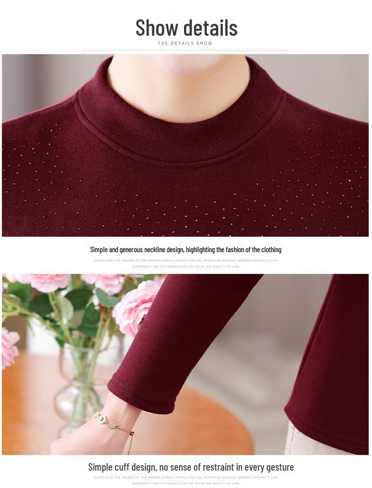 Women's Long-Sleeve Velvet-Lined Warm T-shirt for Middle-Aged & Elderly - Autumn/Winter Layer