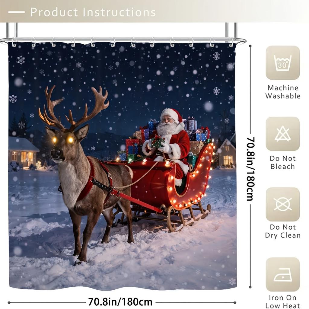 4Pcs Santa Claus Sleigh Shower Curtain Set with Non-Slip Bath Mat, Toilet Lid Cover, Contour Rug & 12 Hooks, Bathroom Decor
