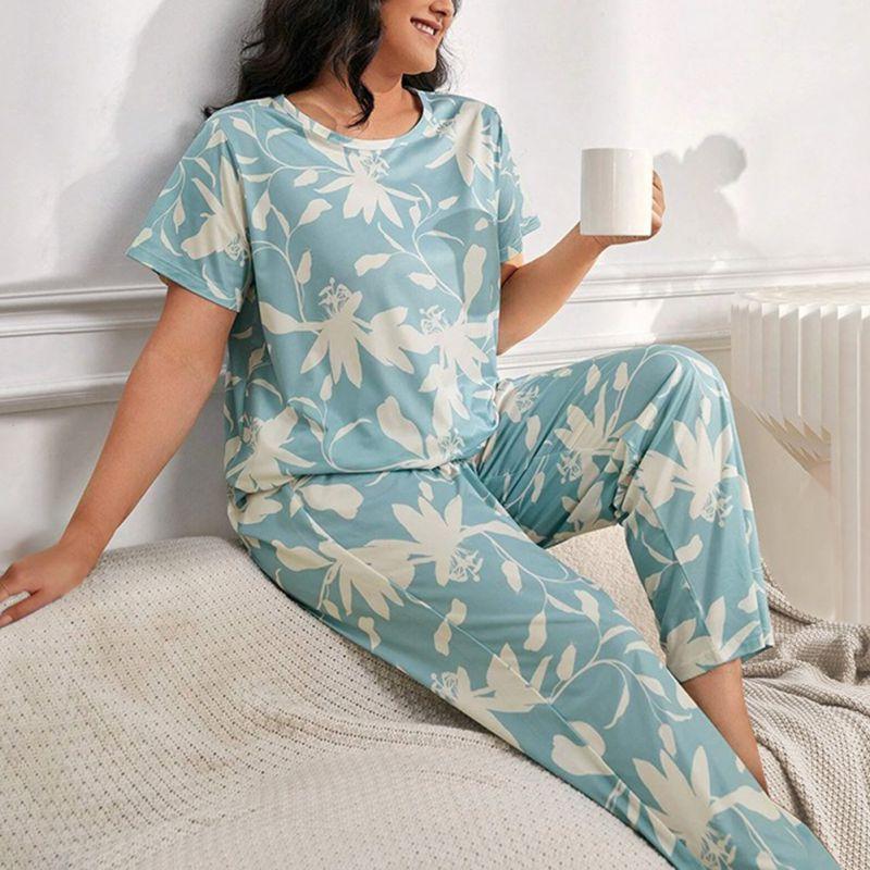 Damen Übergröße Pyjama Sets Lässig Locker Kurzarm Oberteil und Hose Loungewear
