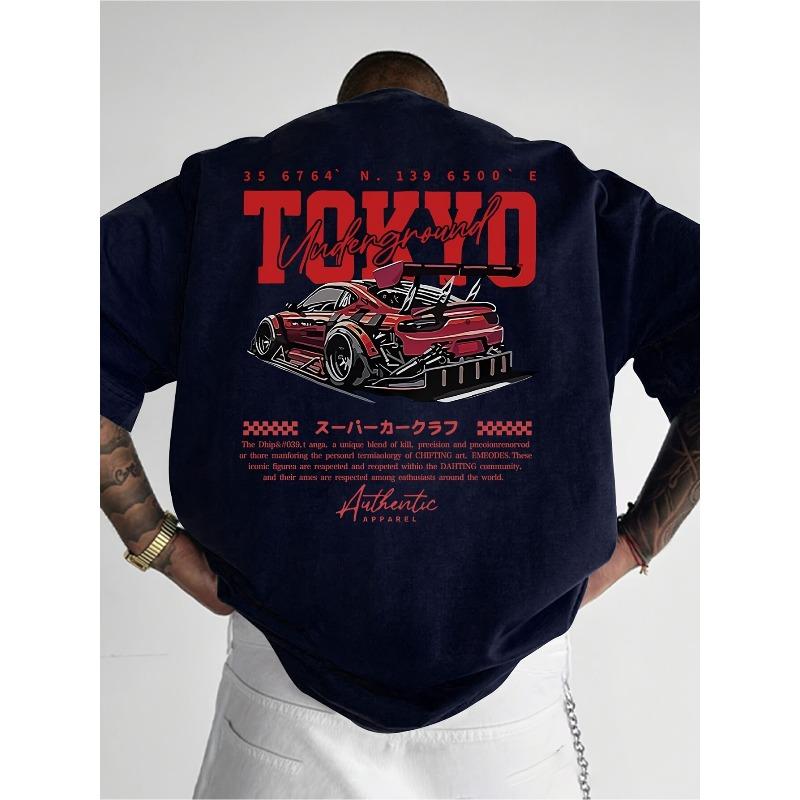 

[ Comfortable Choice ] HOT Mens Short Sleeve T Shirt Double Sided Print Skin Friendly Comfy Tokyo Racing Car Graphic Athletic Leisure Wear S чёрный
