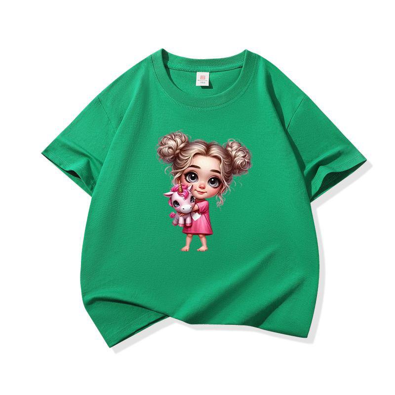 Kids Cotton T Shirt Adorable Girl With Pink Unicorn Print Crew Neck Short Sleeve Tee Casual Boys Girls Summer Tops