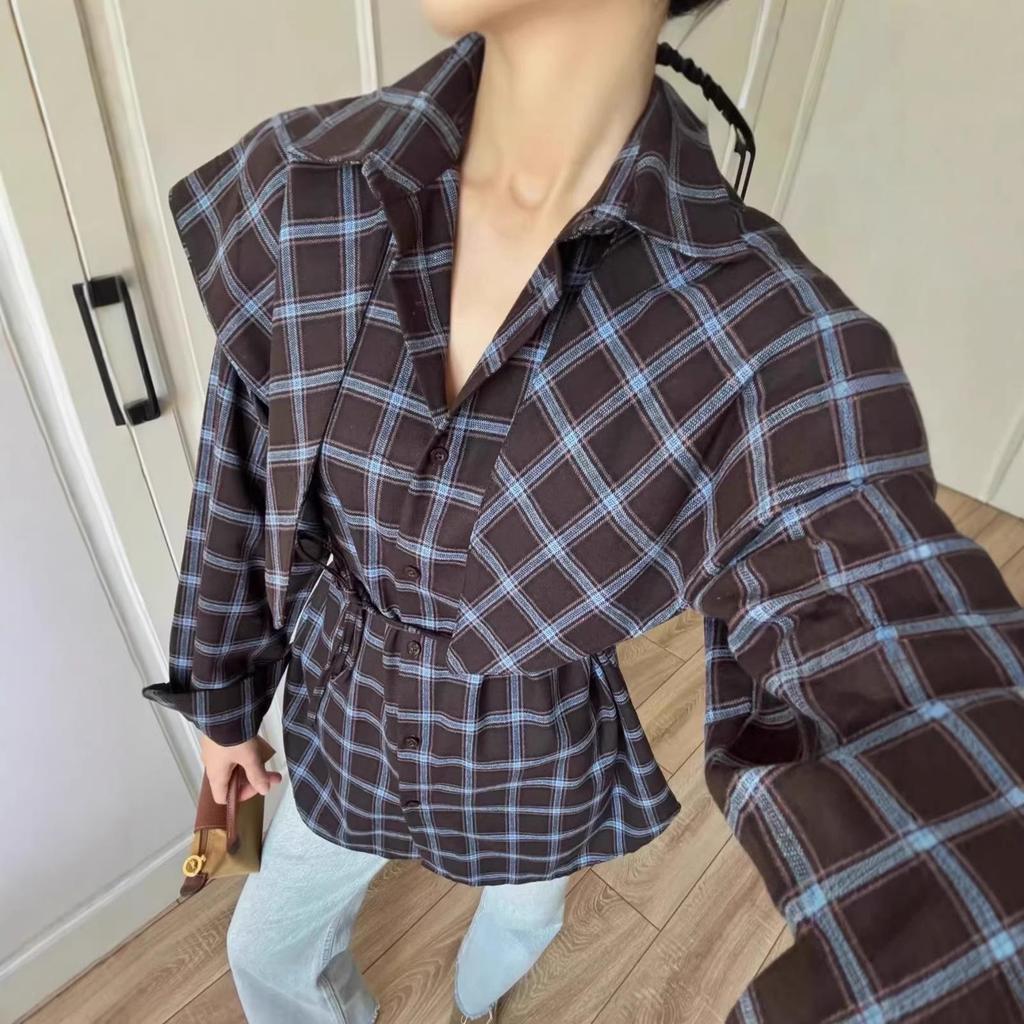 Ensemble chemise à carreaux et châle pour femmes européennes et américaines 2026: Mode Trois-en-un à Manches Longues avec Taille à Nouer.