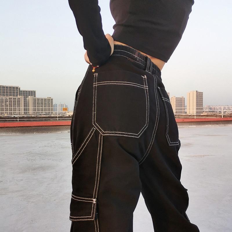 Pantaloni Cargo Streetwear Urbani, Pantaloni a Gamba Dritta Larghi a Vita Alta con Tasche Multiple, Jeans Neri Casual da Donna