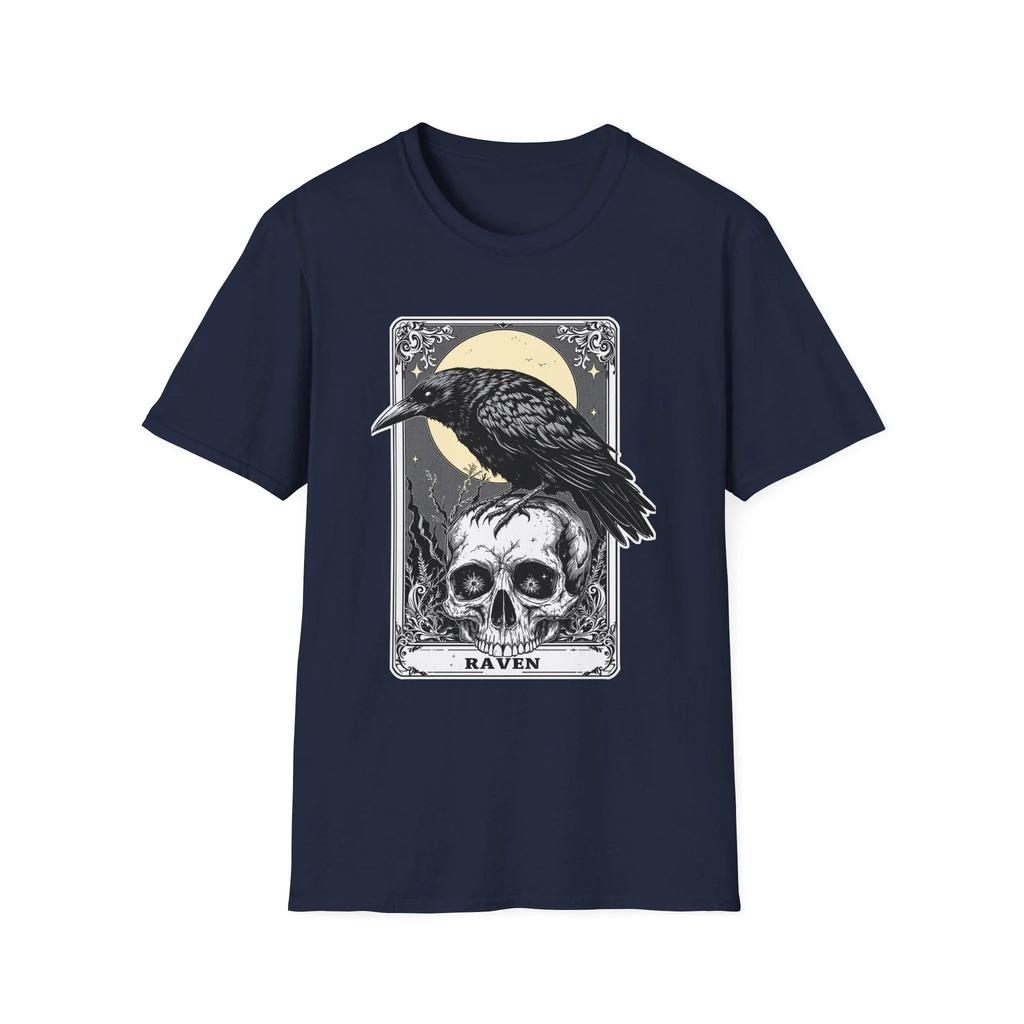 Best Selling Fashion Summer New Street Gothic Raven Softstyle T-Shirt, Crow Tarot Card Shirt, Graphic Tee, Dark Top Men Tee
