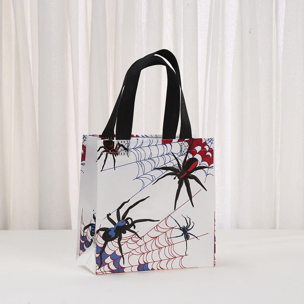 15pcs Spider Party Favor Bags Spider Web Goodie Bags Reusable Non-woven Bags Bulk with Handles for Halloween Party Supplies Spider Web Print Tote Bag