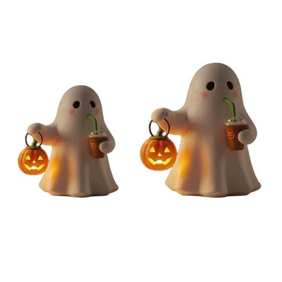 Halloween Ghost Night Lamp Holding Pumpkin Drinking Ghost Resin Statue Holiday Party Home Office Bedroom Ghost Decorative Lamp