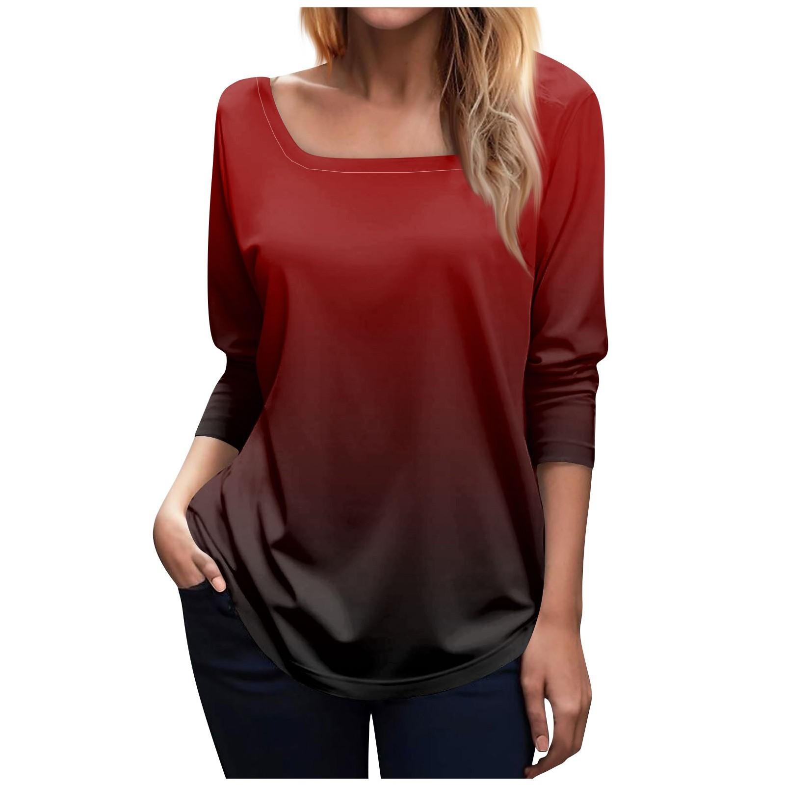 Женская модная футболка с квадратным вырезом и длинным рукавом с градиентным принтом — фото 11