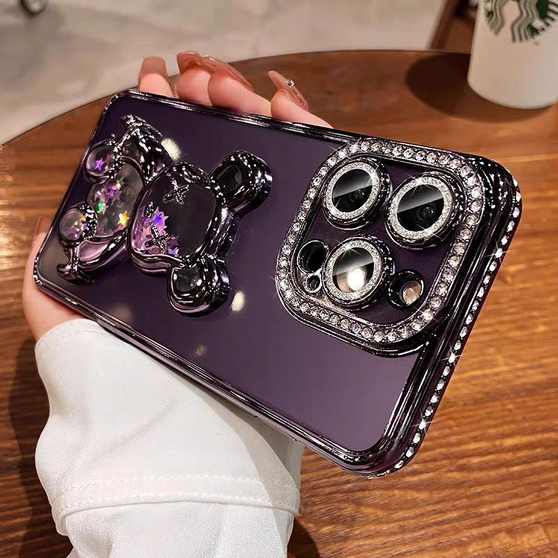 Quicksand Violent Bear Applies To Apple 17 Mobile Phone Case Electroplated Rhinestone iPhone16promax Lens Flash Drill Soft Case