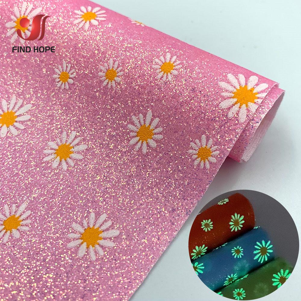 

Luminous Daisy Floral Print Chunky Glitter Leatherette Fabric Sparkle Faux Synthetic DIY Craft Handmade Earring Making Material A5 20cm x 15cm