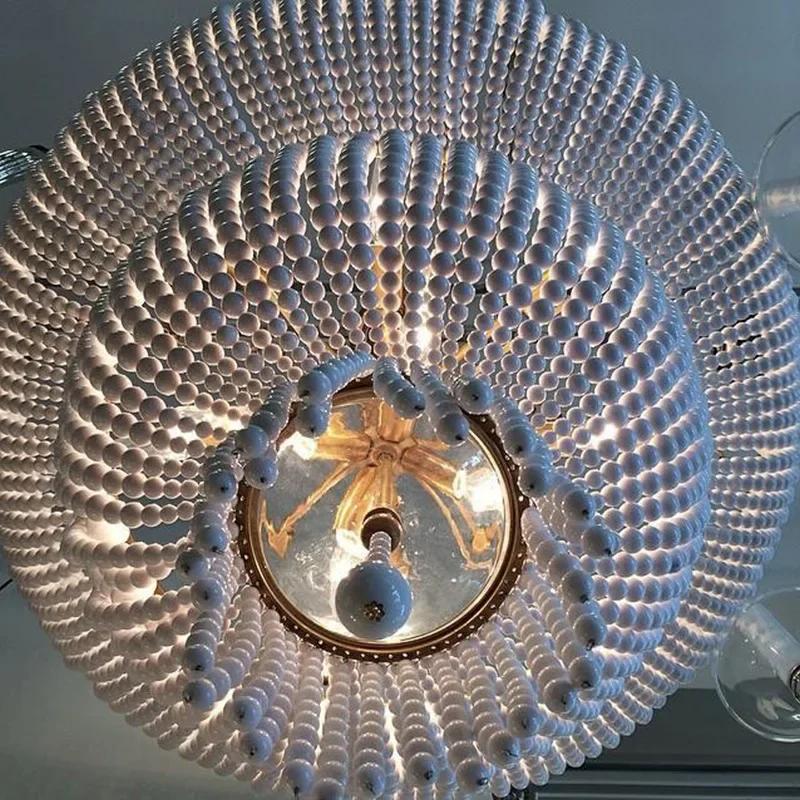 Modern retro round E14 LED living room golden/chrome chandelier transparent crystal lamp wooden bead pearl chandelier