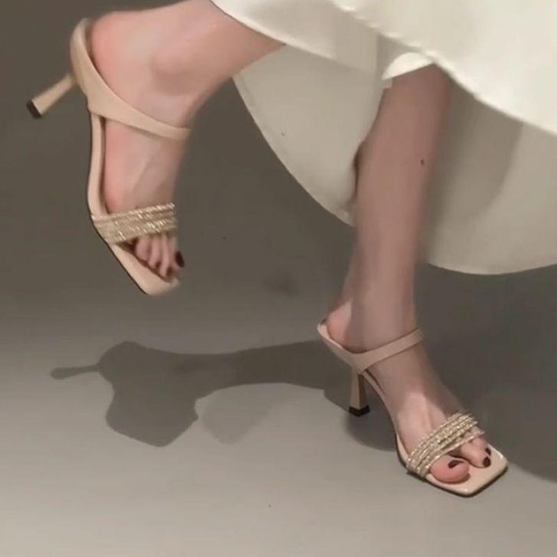 Nude Rhinestone Open-toed Sandals Women's 2025 New Square Head Stiletto with Cool Slippers Temperament Sexy High Heels