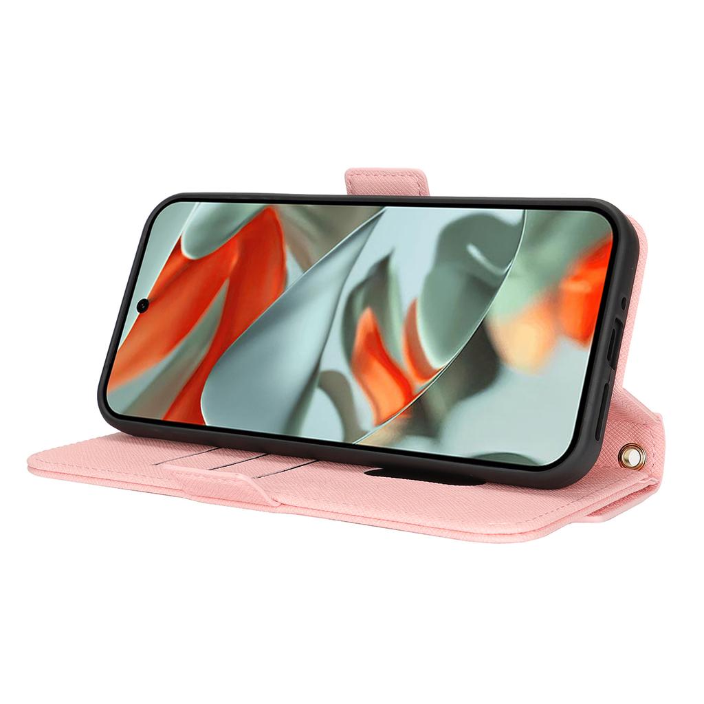 For Google Pixel 9 Pro XL Stand Case Cross Texture PU Leather Wallet Phone Cover with Shoulder Strap/Makeup Mirror