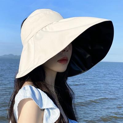 Vinyl Empty Top Sun Hat Women's Summer Sun Protection Hat UV Protection Face Bucket Hat Foldable Adjustment Big Head Circumference