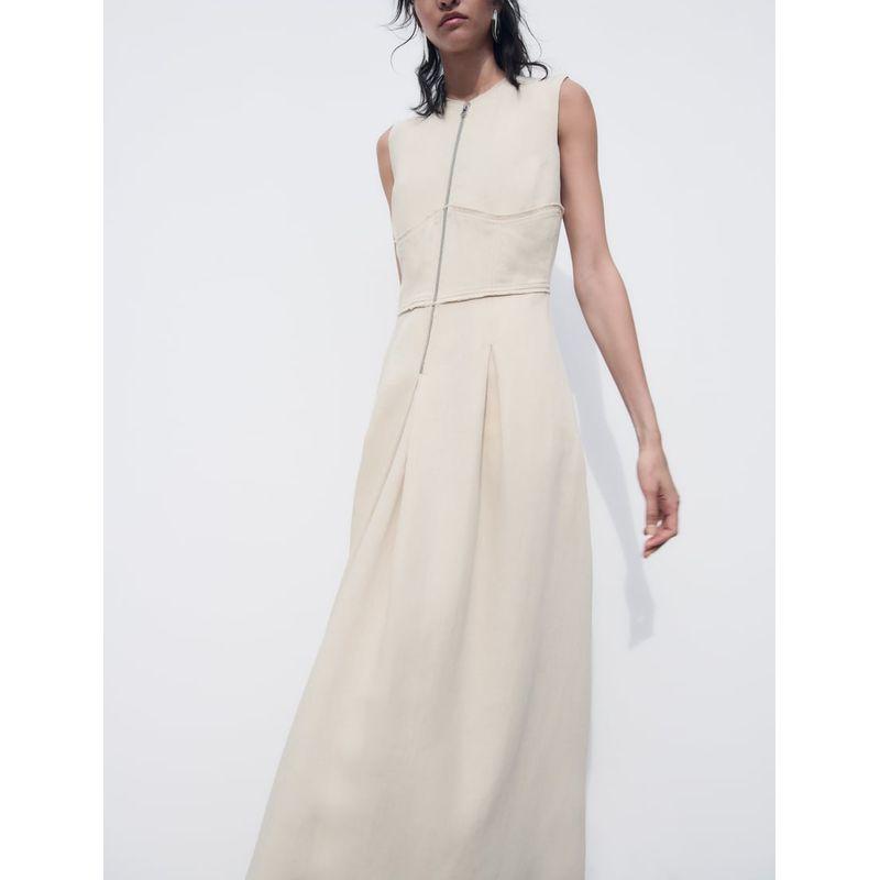 Spring New Arrival Sleeveless Long Jumper Dress Casual Elegant French Waist Zipper Dress 2902586