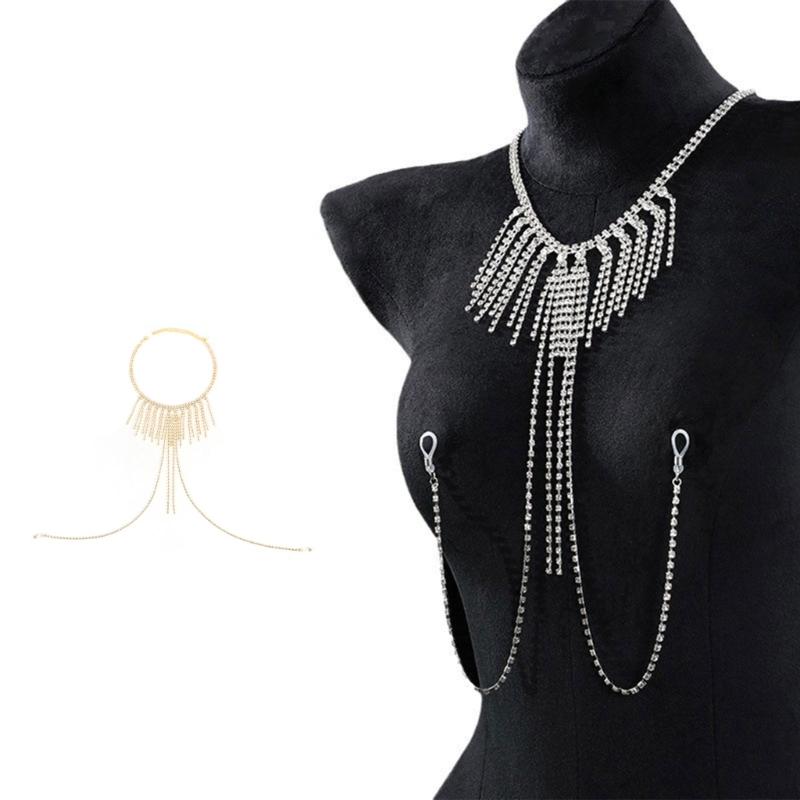 Crystal Rhinestones Fringe Body Chain Necklace Stylish Bra Chain Fashion Neck Jewelry Piece For Evening Event