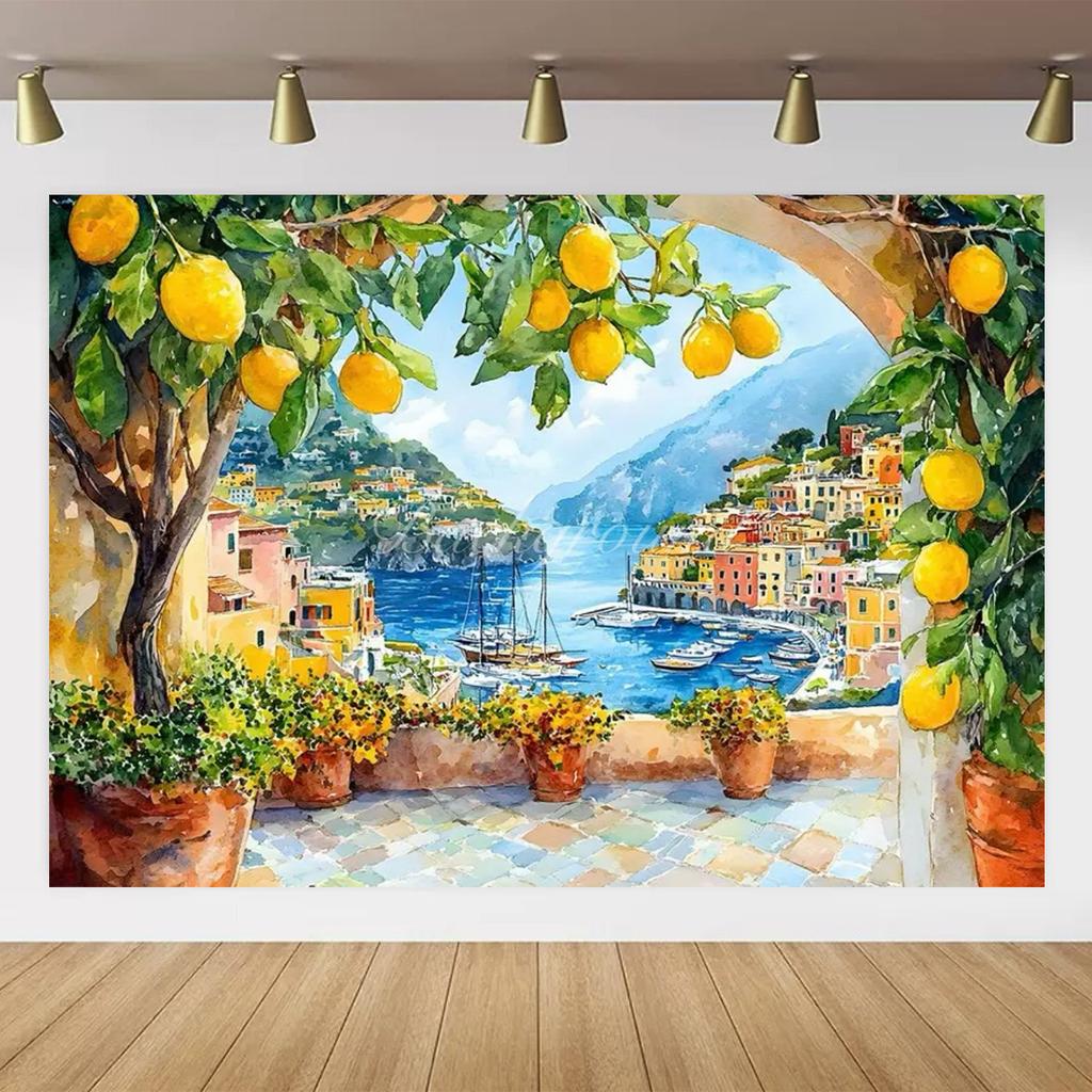 Banner Background with Lemon Tree Harvest Theme and Mediterranean Landscape Garden, Anniversary Room Decoration, Photo Backdrop