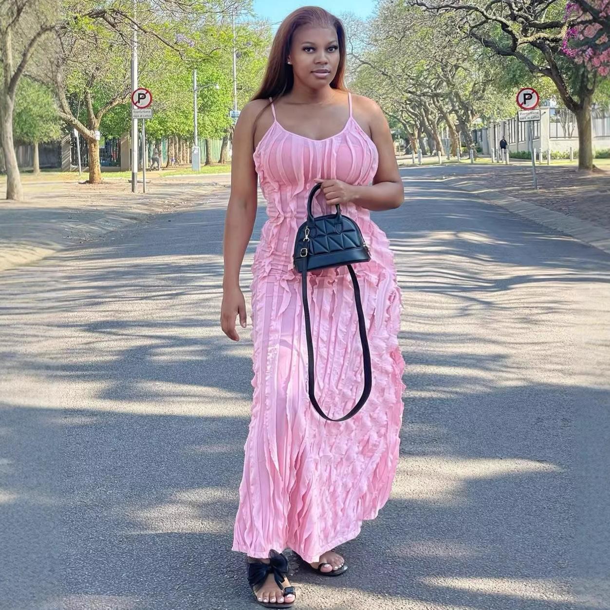 European and American French temperament high sense irregular pleated skirt African women s versatile suspender skirt new dress S розовый