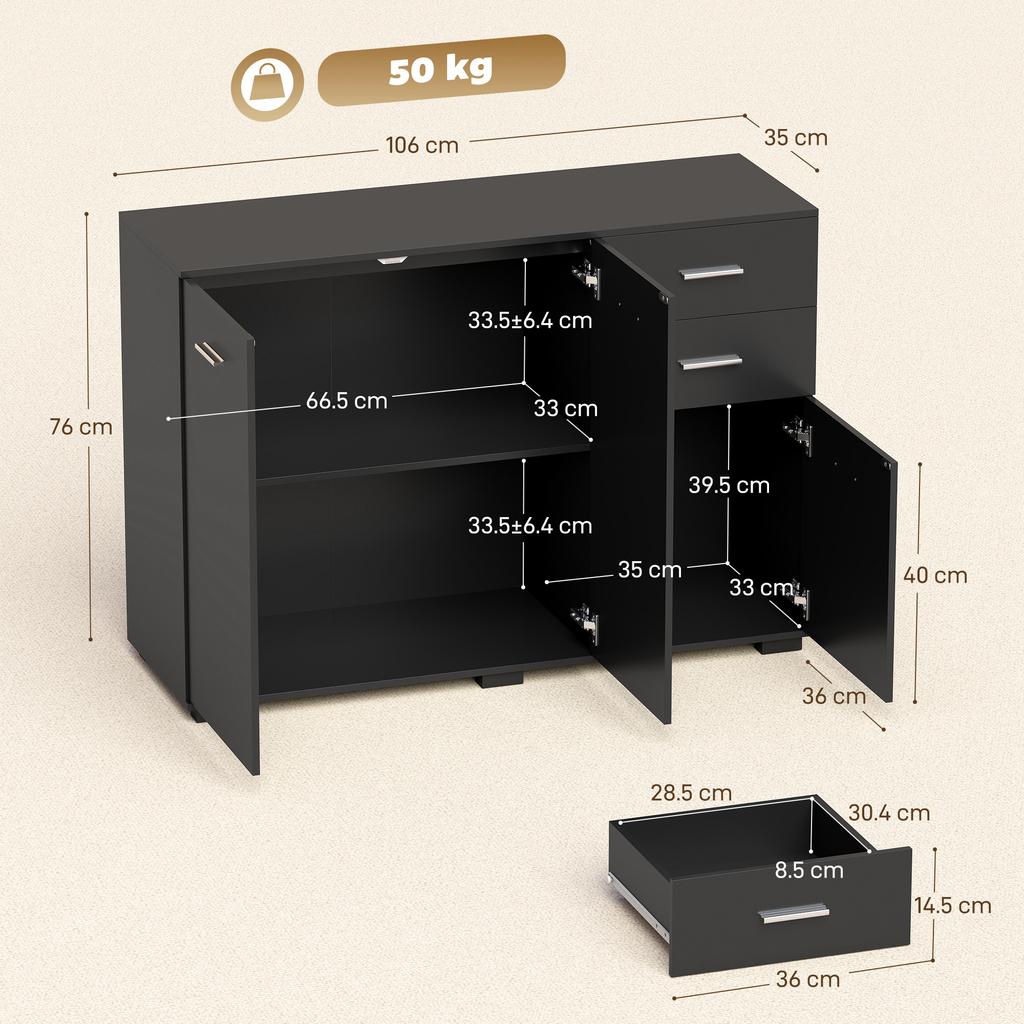 Sideboard, Modern Storage Cabinet with 2 Drawers, 3 Doors and Adjustable Shelves, Black