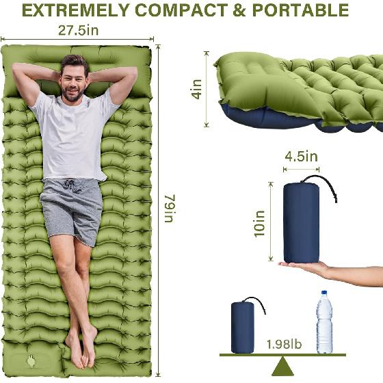 Outdoor Inflatable Camping Mat Ultralight Sleeping Pad with Foot Pump Compact Backpack Trekking Tent Mat & Pillow for Hiking Travel