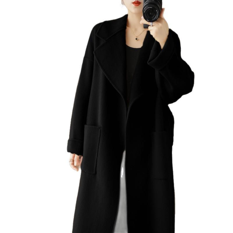 2026 Damen Mittellanger Doppelseitiger Wollmantel mit Revers, Gürtel und Lockerer Silhouette für Herbst/Winter