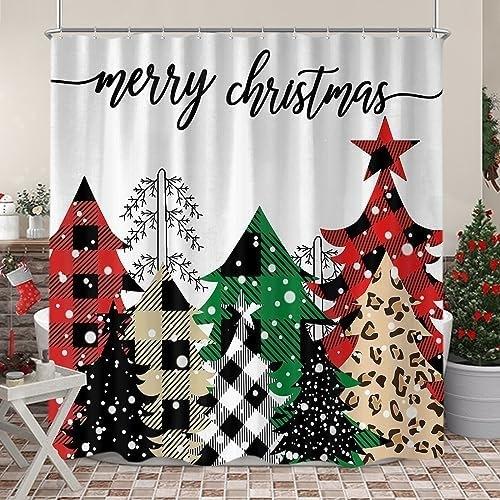Christmas Red Truck Red House Snowman Cardinal No Drill Shower Curtain 12 Hooks Bathroom Decor Set