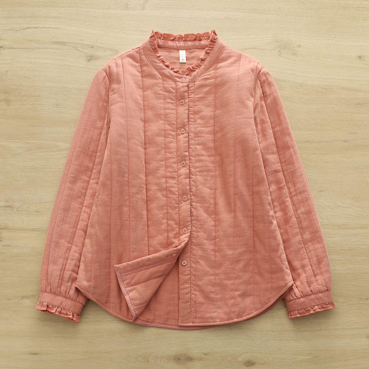 

Women s Quilted Stand-up Collar Long-Sleeve Shirt - Warm Cotton Base Layer M (Suggest 110-130 jin) розовый