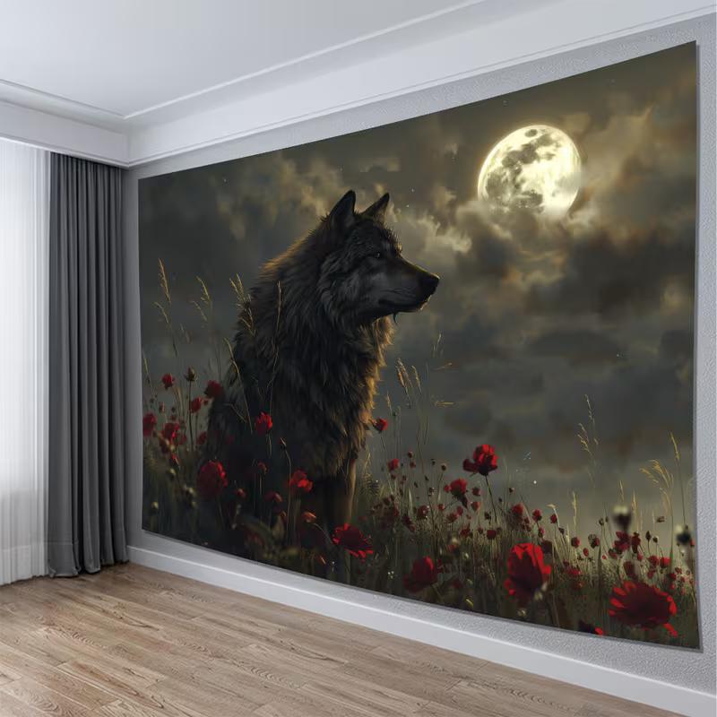2D Howling Wolf Night Tapestry, Full Moon & Poppy Flowers Wall Art for Home Decor