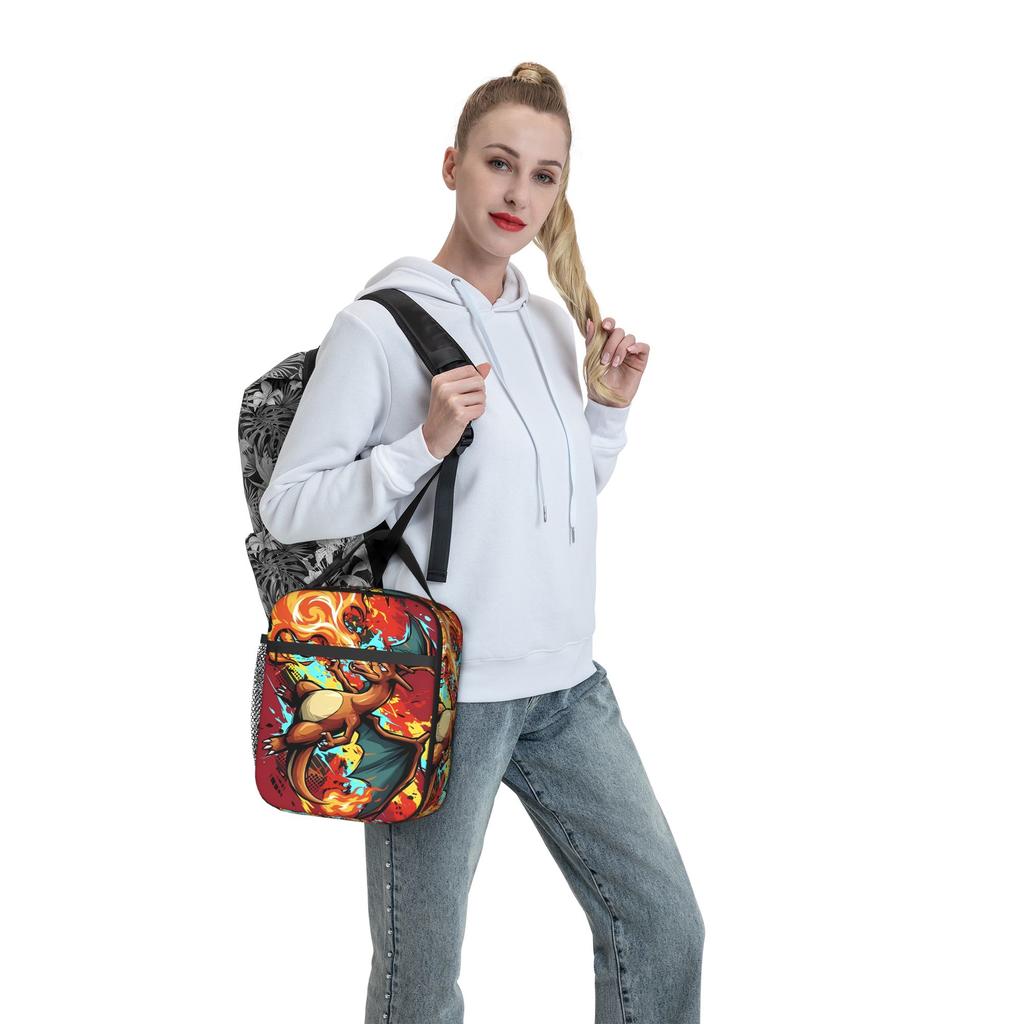 Charizard Swirl Fire Manga Lunch Bag For Girl Boy  Print Office Lunch Box Leisure Portable Oxford Cooler Bag
