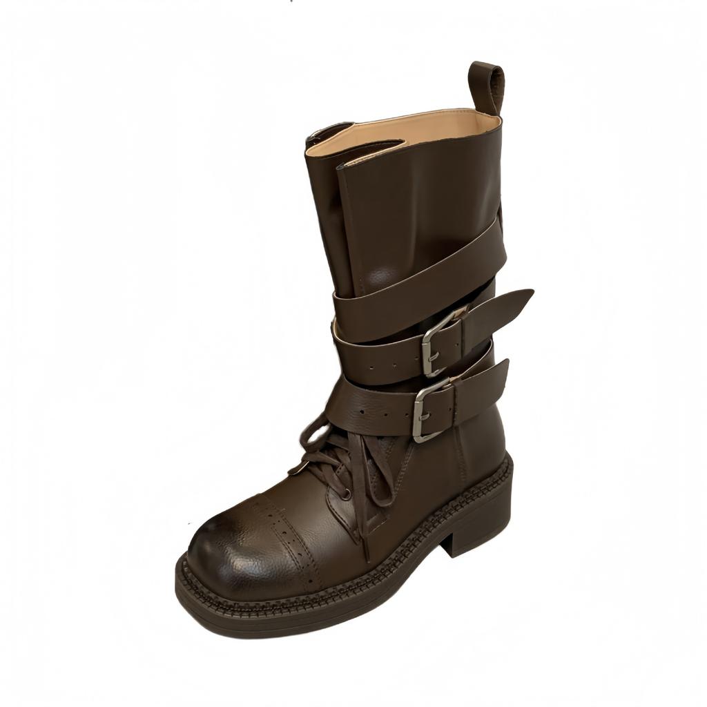 2025 autumn and winter new dark wind belt buckle locomotive boxing boots women's thick-soled retro wind tube knight boots women