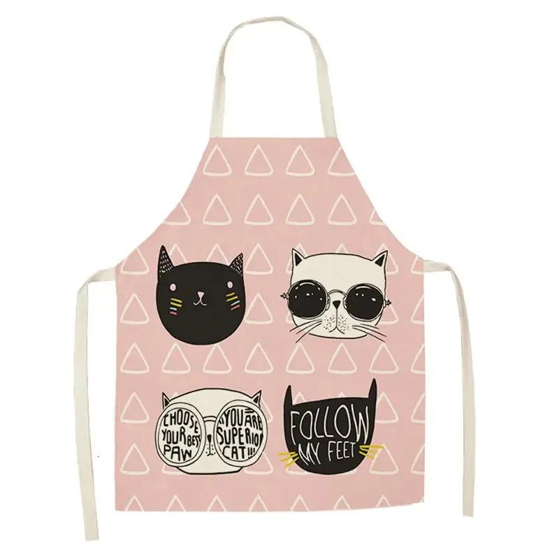 Lovely Cartoon Cats Kitchen Aprons for Women Cotton Linen Bibs Household Cleaning Pinafore Home Cooking 55x68cm