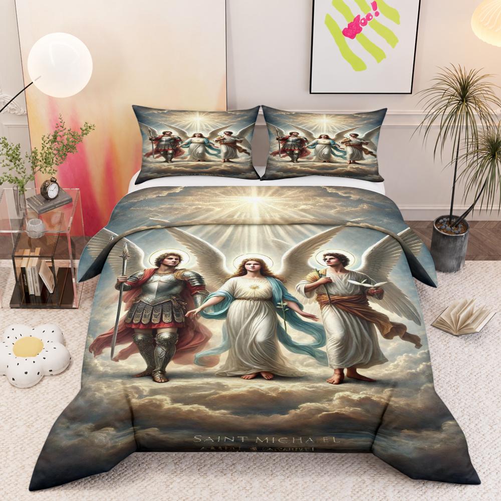 Duvet Cover Bedding Set with 2 Pillow Shams - Saint Michael Archangel Holy Warriors Wings Heavenly Light Religious Art Decor for Kids Boys Girls Room