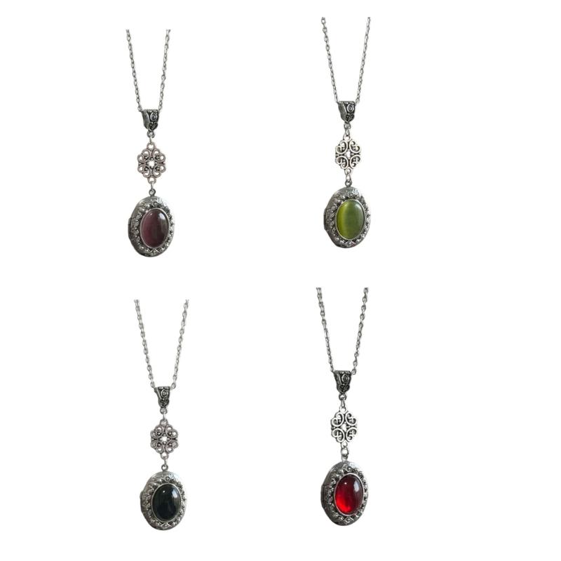 Fantasy Themed Oval Pendant Necklace Gothic Victorian Neckchain Stylish Jewelry With Vintage Gemstones