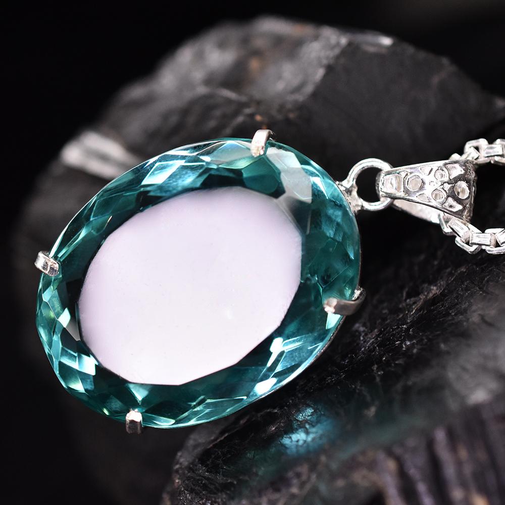 925 Sterling Silver Oval Pendant Aquamarine 137 Ct Certified Lab Created