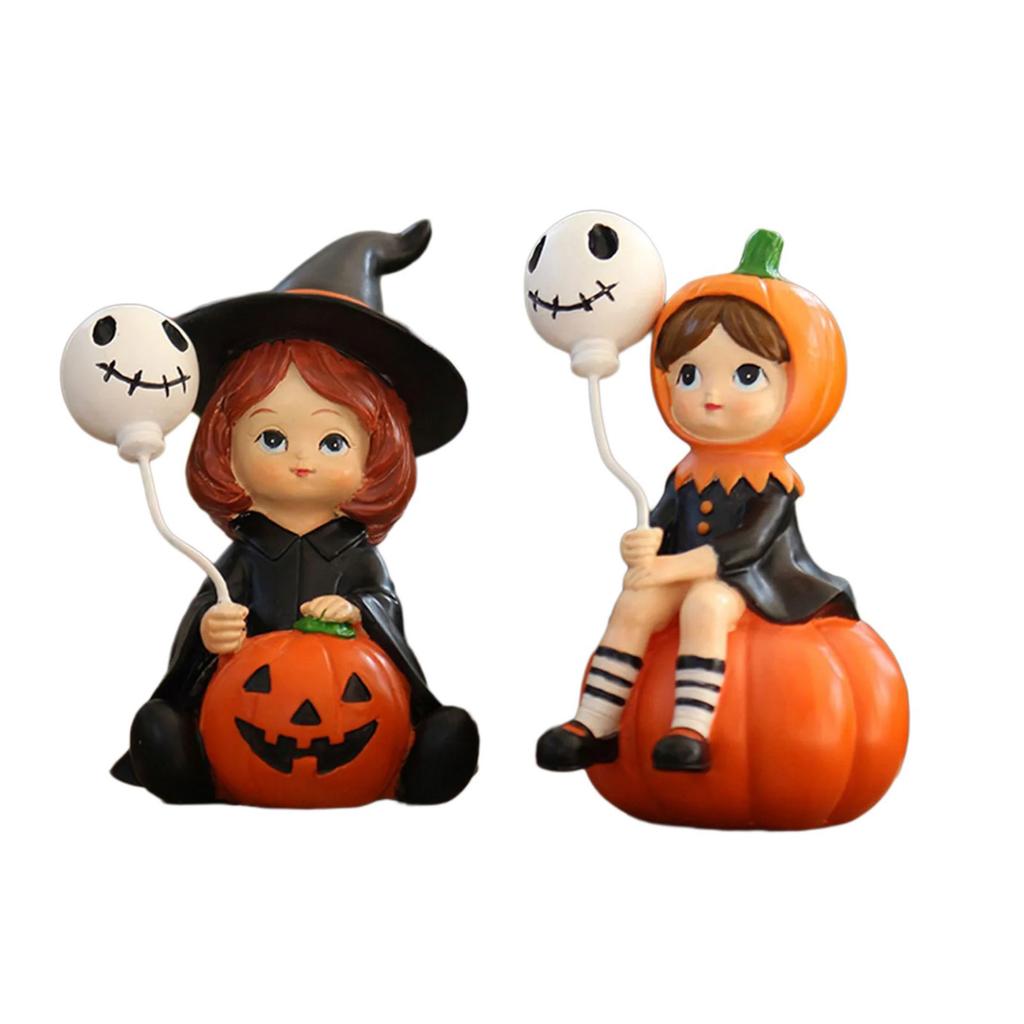 Pack Of 2 Halloween Resins Figurines Pumpkin Witch Holding Ghostly Balloon Sculptures For Party Tabletop Decoration