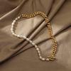 Freshwater Pearl Buttoned Titanium Steel Metal Chain Necklace - Metallic Style Pearl Necklace